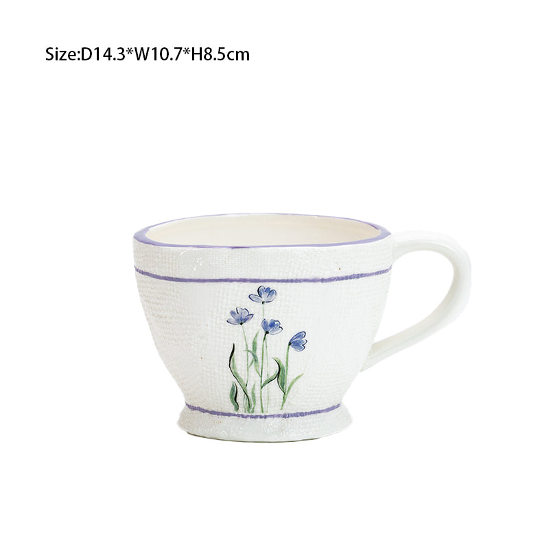 Ceramic Plate Bowl Tableware Fruit Salad Tableware Set Ins Retro Orchid Flower Purple Line Ceramic Tableware Set Creative Breakfast Dessert Salad Plate Water Mug