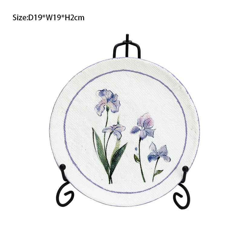Ceramic Plate Bowl Tableware Fruit Salad Tableware Set Ins Retro Orchid Flower Purple Line Ceramic Tableware Set Creative Breakfast Dessert Salad Plate Water Mug