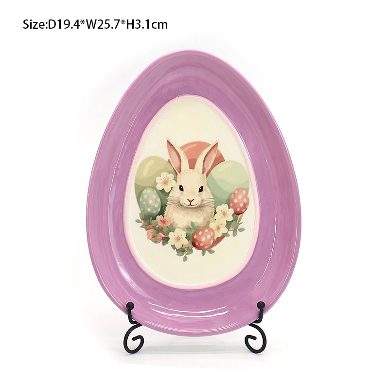 Fashion Style Cute Egg-shaped Embossed Rabbit Art Ceramic Plate Ceramic Plate Colourful Cartoon Latest Purple Rabbit Ceramic Tableware Set