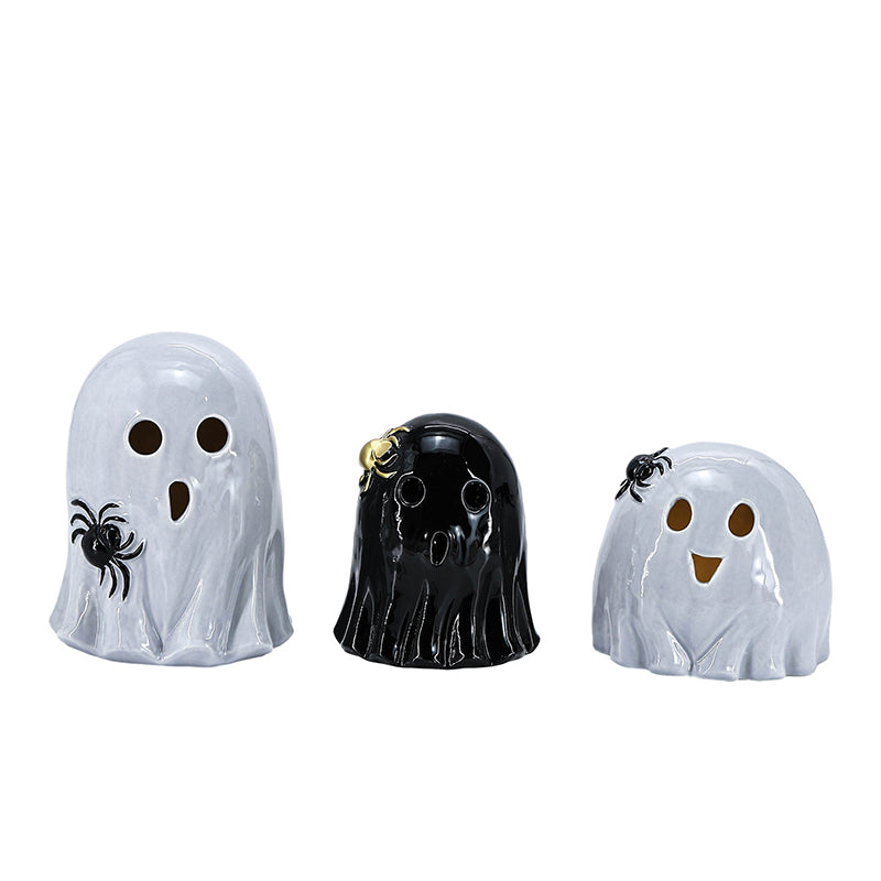 Halloween Ornaments Ceramic White Figurine Holiday Decoration Porcelain Desktop Statue LED Lights
