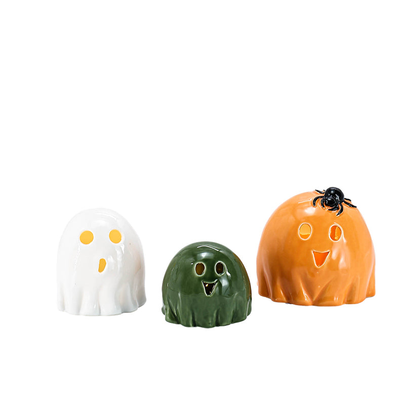 Halloween Ornaments Ceramic White Figurine Holiday Decoration Porcelain Desktop Statue LED Lights